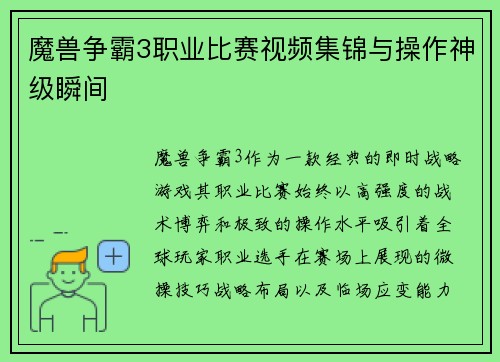 魔兽争霸3职业比赛视频集锦与操作神级瞬间